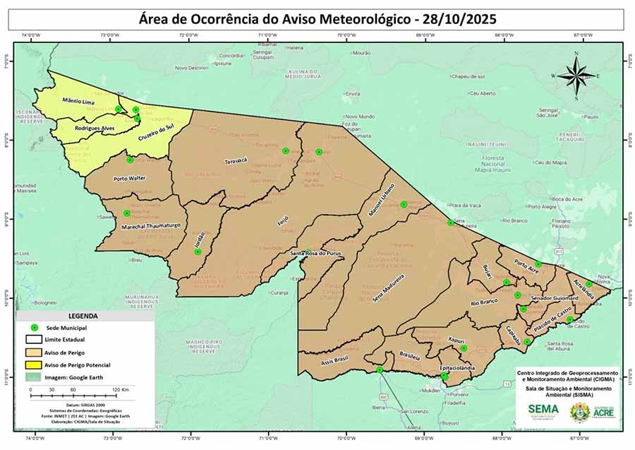 Acre está sob alertas laranja e amarelo para chuvas intensas e ventos fortes, informa Centro de Geoprocessamento e Monitoramento Ambiental. Imagem: reprodução mapa 001
