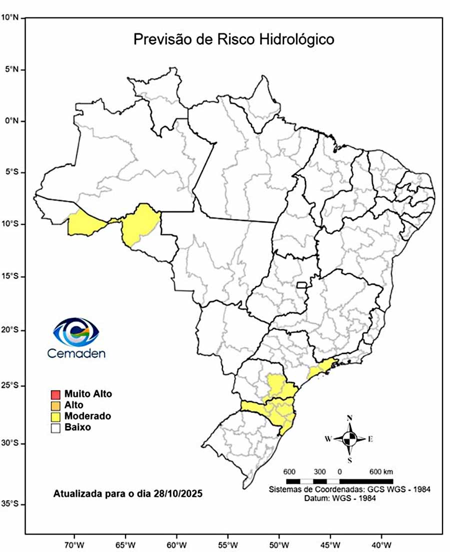 Centro Nacional de Monitoramento e Alertas de Desastres Naturais (Cemaden) também emitiu alerta de risco hidrológico moderado para Rio Branco. Imagem: reprodução mapa 002
