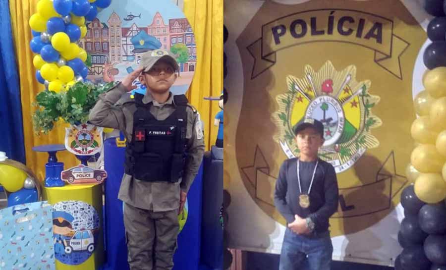 Fã da polícia, menino de 8 anos ganha festa temática de aniversário e faz alunos pagarem flexão no AC