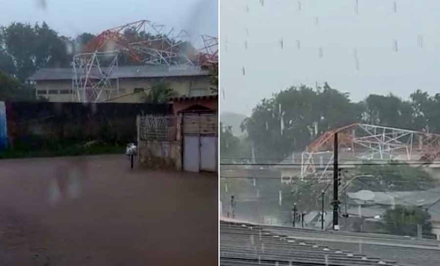 Torre de telefonia desaba em cima de telhado de delegacia durante temporal em Rio Branco