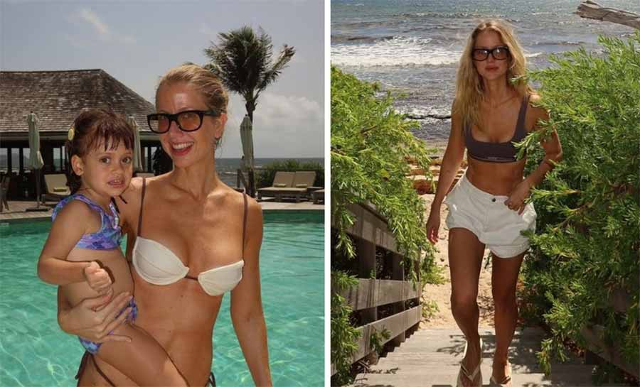 Gabriela Prioli curte praia com marido e filha nas férias