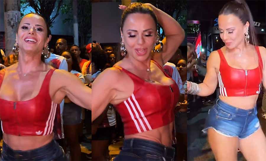 Viviane Araujo mostra abdômen trincado em ensaio da Salgueiro